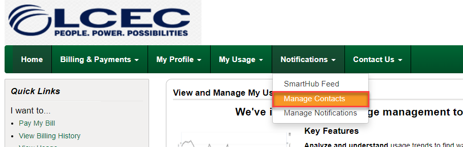 SmartHub menu Manage Contacts